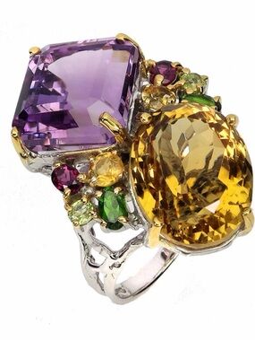 Multistone Citrine & Amethyst Cocktail Ring - Designer Style